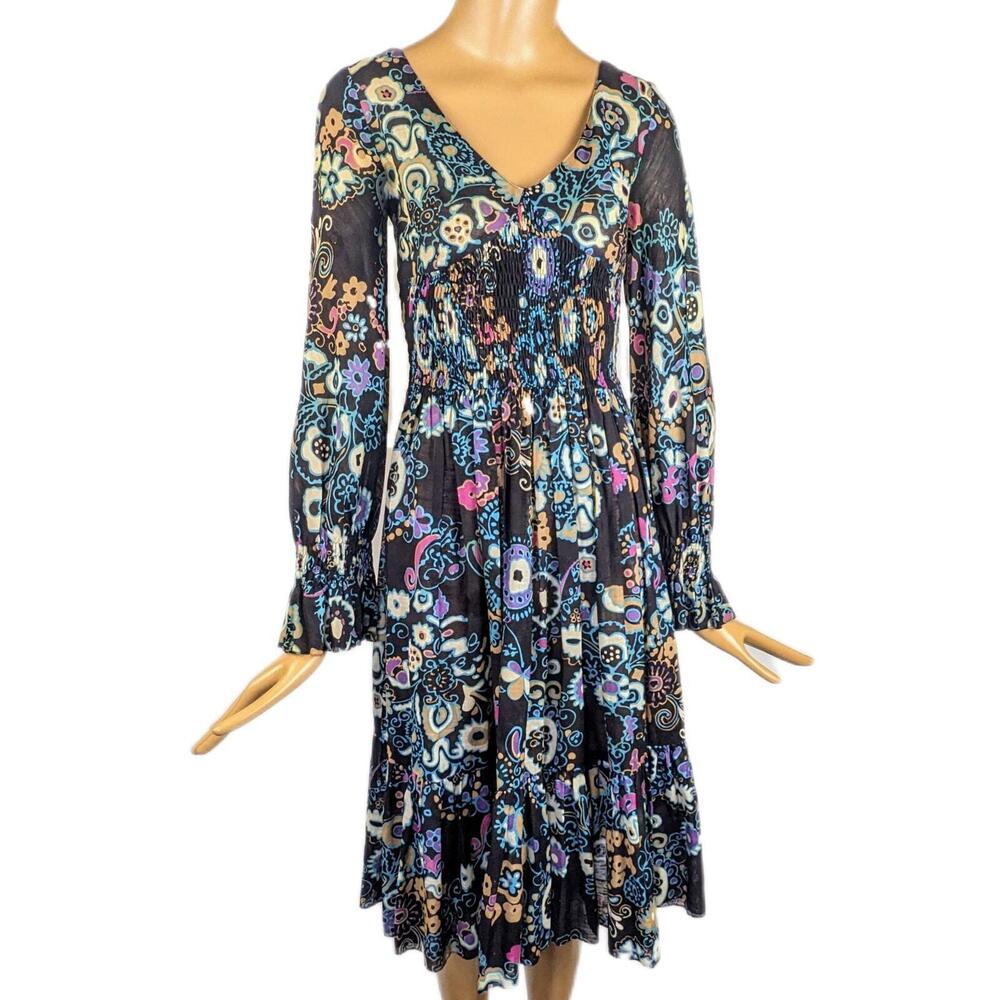 1960s dark floral psychedelic‎ long sleeve minidress vintage bell sleeve flare - Picture 3 of 6